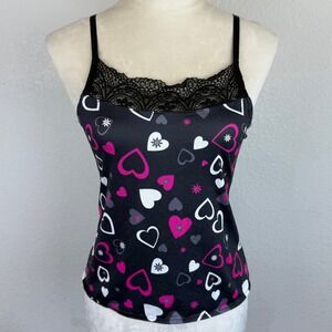 Satin Lace Trim Cami Tank Top Pink‎ Purple White Hearts Print Casual Women's Top